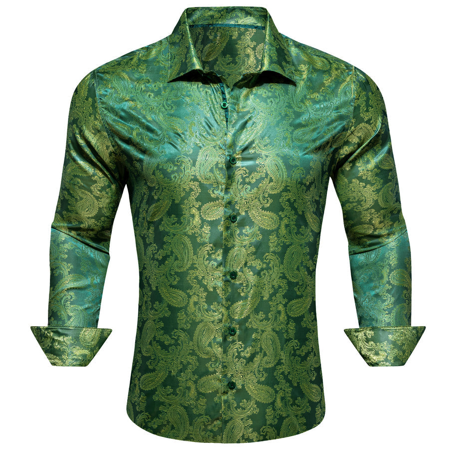 Grass Green Paisley Style Silk Dress Shirt shirt S   - Sophisticated Gentlemen