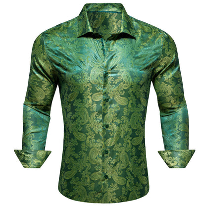Grass Green Paisley Style Silk Dress Shirt shirt S   - Sophisticated Gentlemen