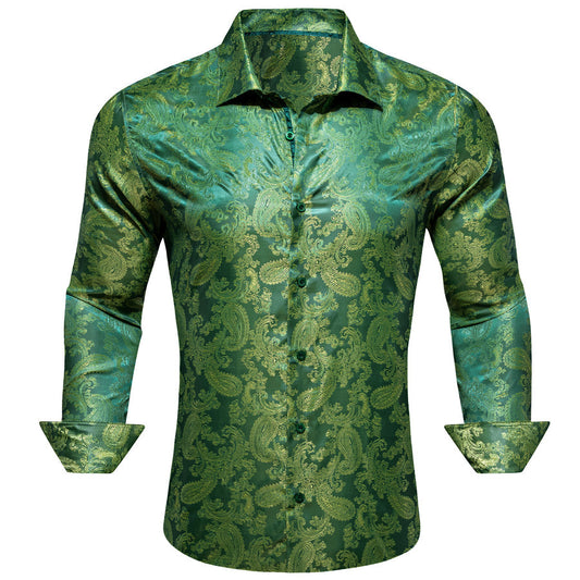Grass Green Paisley Style Silk Dress Shirt shirt S   - Sophisticated Gentlemen