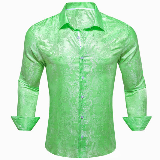 Light Green Paisley Style Silk Dress Shirt shirt S   - Sophisticated Gentlemen