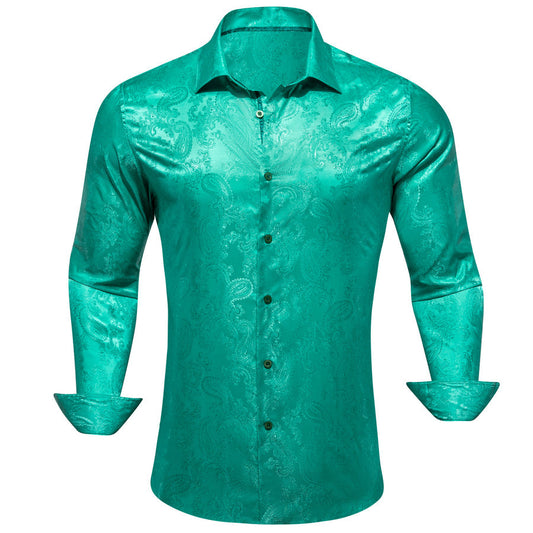 Green Paisley Style Silk Dress Shirt shirt S   - Sophisticated Gentlemen