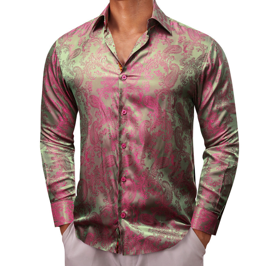 Pink Green Paisley Style Silk Dress Shirt shirt    - Sophisticated Gentlemen
