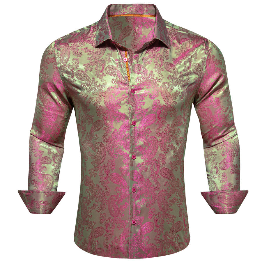 Pink Green Paisley Style Silk Dress Shirt shirt S   - Sophisticated Gentlemen