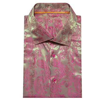 Pink Green Paisley Style Silk Dress Shirt shirt    - Sophisticated Gentlemen