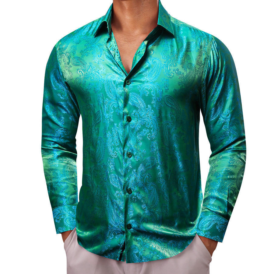 Blue Green Paisley Style Silk Dress Shirt shirt    - Sophisticated Gentlemen