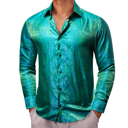 Blue Green Paisley Style Silk Dress Shirt shirt    - Sophisticated Gentlemen