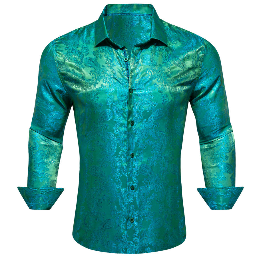 Blue Green Paisley Style Silk Dress Shirt shirt S   - Sophisticated Gentlemen