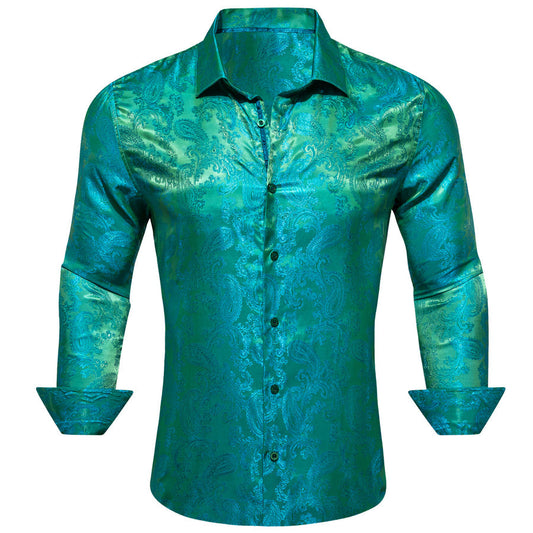 Blue Green Paisley Style Silk Dress Shirt shirt S   - Sophisticated Gentlemen