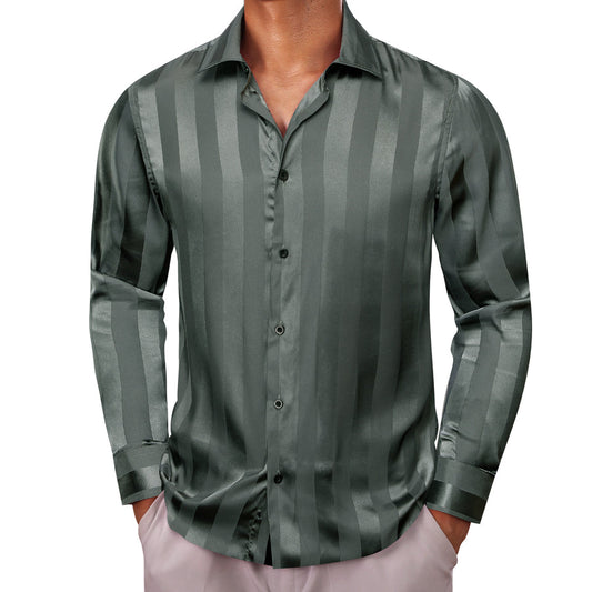 Olive Green Striped Shiny Satin Dress Shirt shirt S   - Sophisticated Gentlemen