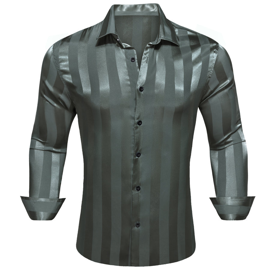 Olive Green Striped Shiny Satin Dress Shirt shirt    - Sophisticated Gentlemen