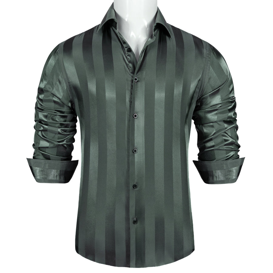 Olive Green Striped Shiny Satin Dress Shirt shirt    - Sophisticated Gentlemen