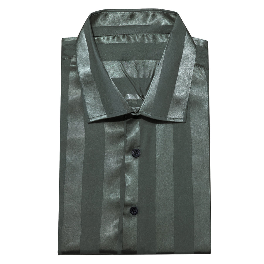 Olive Green Striped Shiny Satin Dress Shirt shirt    - Sophisticated Gentlemen