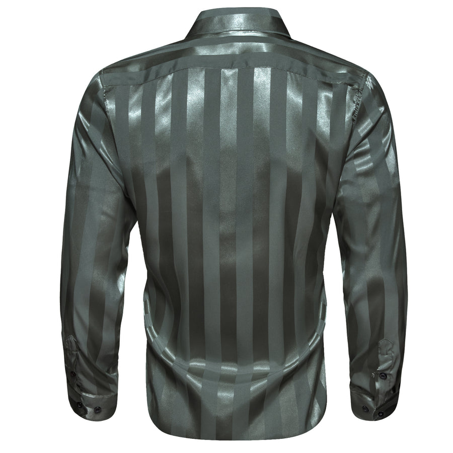 Olive Green Striped Shiny Satin Dress Shirt shirt    - Sophisticated Gentlemen