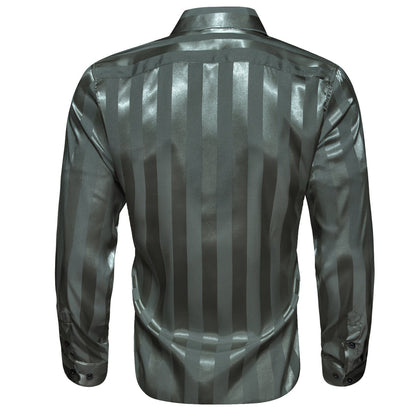 Olive Green Striped Shiny Satin Dress Shirt shirt    - Sophisticated Gentlemen