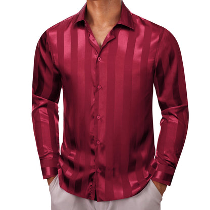 Deep Red Striped Shiny Satin Dress Shirt shirt S   - Sophisticated Gentlemen