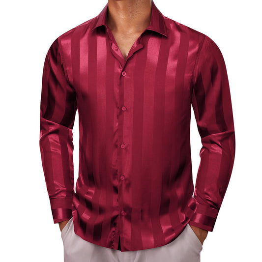 Deep Red Striped Shiny Satin Dress Shirt shirt S   - Sophisticated Gentlemen