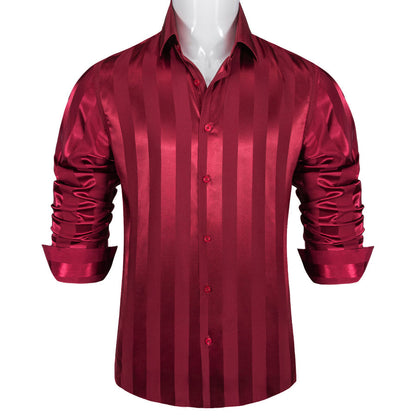 Deep Red Striped Shiny Satin Dress Shirt shirt    - Sophisticated Gentlemen