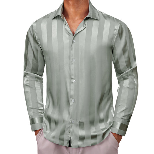 Bean Green Striped Shiny Satin Dress Shirt shirt S   - Sophisticated Gentlemen