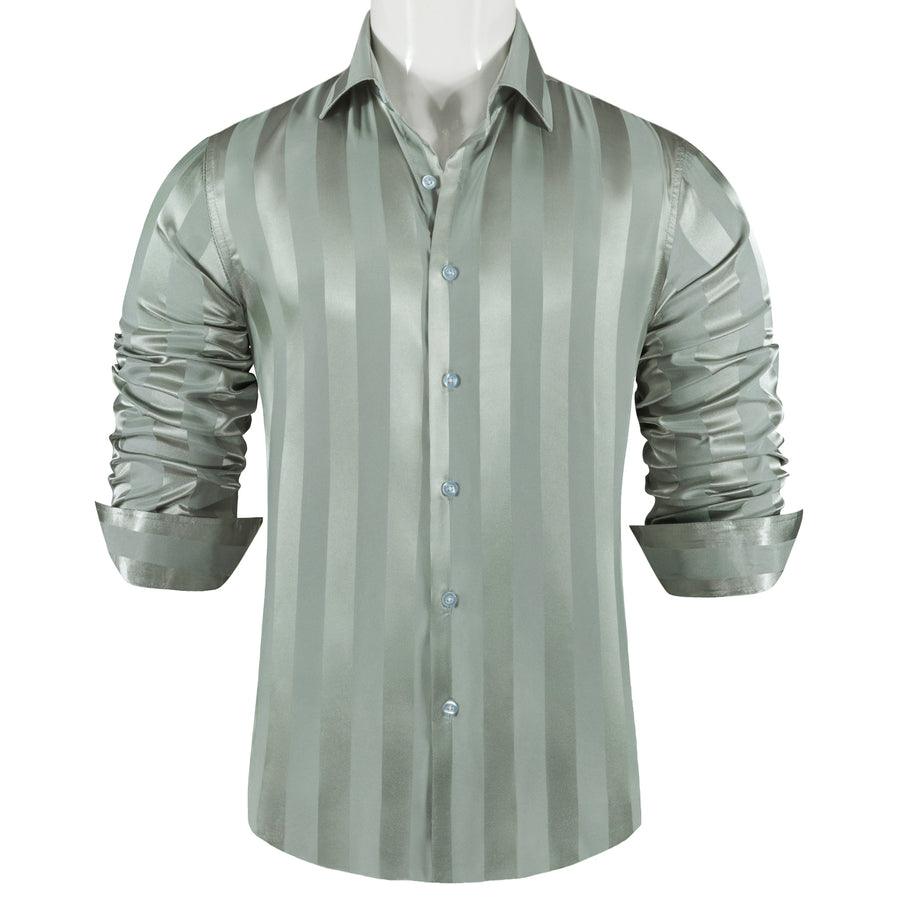 Bean Green Striped Shiny Satin Dress Shirt shirt    - Sophisticated Gentlemen