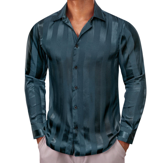 Deep Teal Blue Striped Shiny Satin Dress Shirt shirt S   - Sophisticated Gentlemen