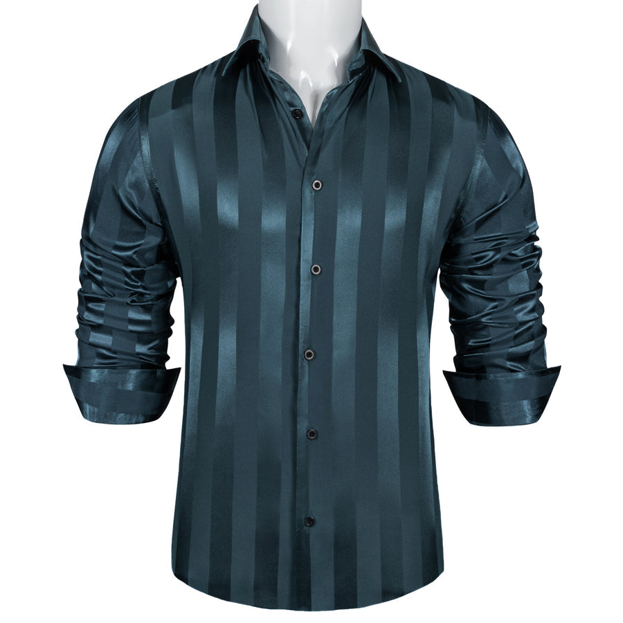 Deep Teal Blue Striped Shiny Satin Dress Shirt shirt    - Sophisticated Gentlemen