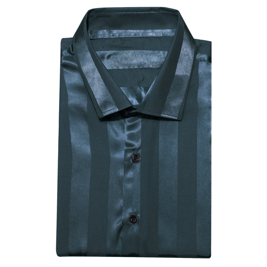 Deep Teal Blue Striped Shiny Satin Dress Shirt shirt    - Sophisticated Gentlemen