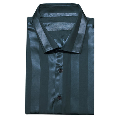 Deep Teal Blue Striped Shiny Satin Dress Shirt shirt    - Sophisticated Gentlemen