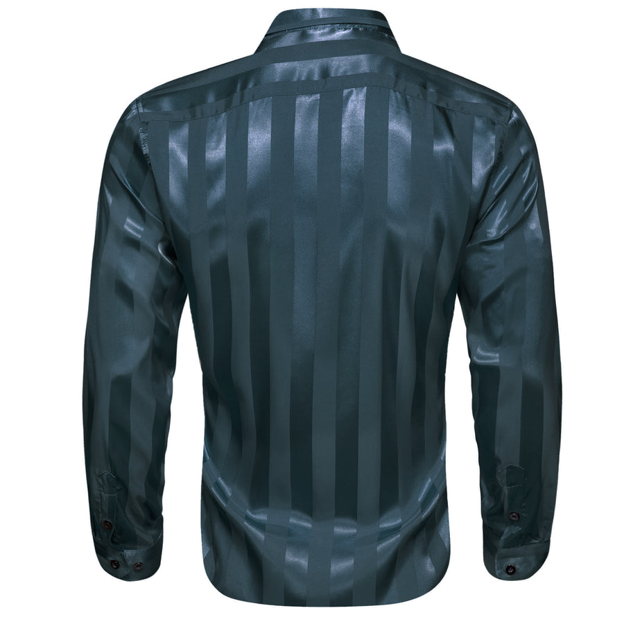 Deep Teal Blue Striped Shiny Satin Dress Shirt shirt    - Sophisticated Gentlemen