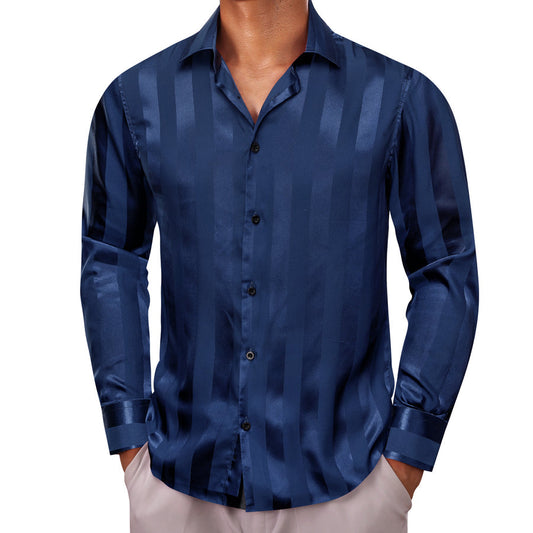 Navy Blue Striped Shiny Satin Dress Shirt shirt S   - Sophisticated Gentlemen