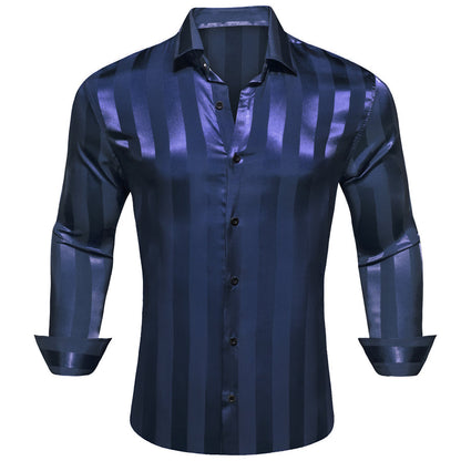 Navy Blue Striped Shiny Satin Dress Shirt shirt    - Sophisticated Gentlemen