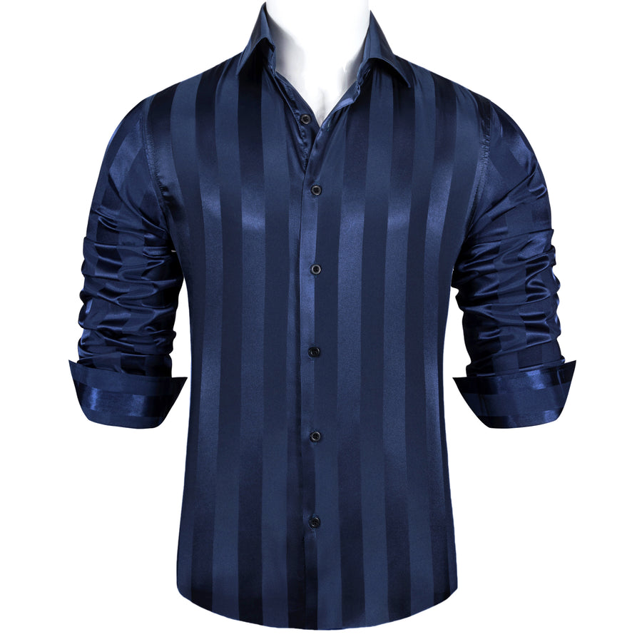Navy Blue Striped Shiny Satin Dress Shirt shirt    - Sophisticated Gentlemen