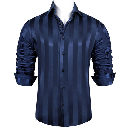 Navy Blue Striped Shiny Satin Dress Shirt shirt    - Sophisticated Gentlemen