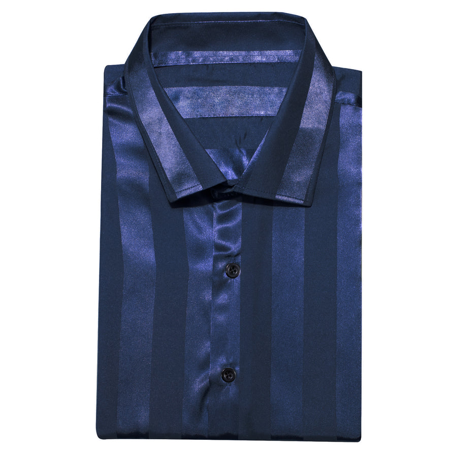 Navy Blue Striped Shiny Satin Dress Shirt shirt    - Sophisticated Gentlemen