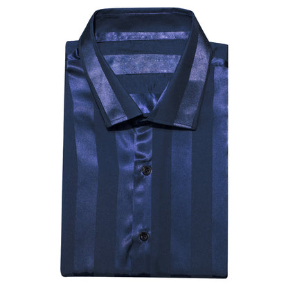 Navy Blue Striped Shiny Satin Dress Shirt shirt    - Sophisticated Gentlemen