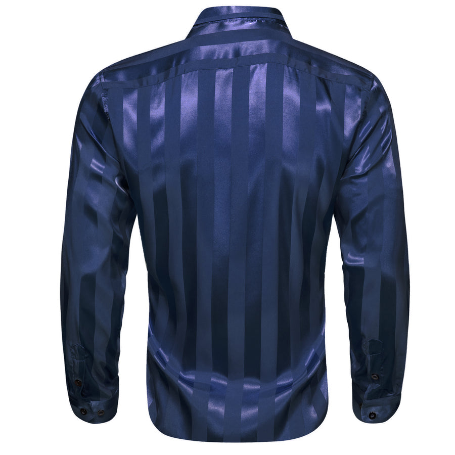 Navy Blue Striped Shiny Satin Dress Shirt shirt    - Sophisticated Gentlemen