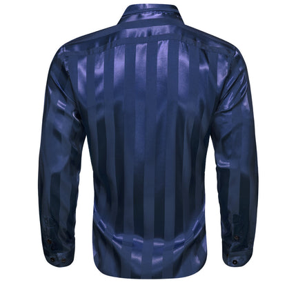 Navy Blue Striped Shiny Satin Dress Shirt shirt    - Sophisticated Gentlemen