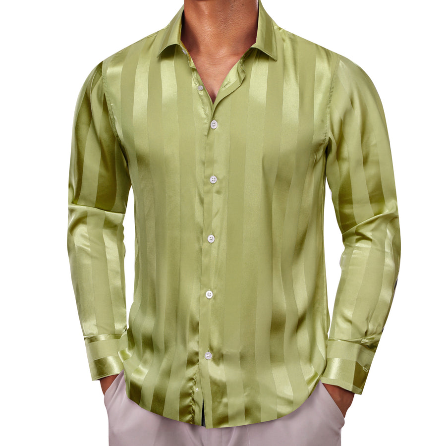 Olive Green Striped Shiny Satin Dress Shirt shirt S   - Sophisticated Gentlemen