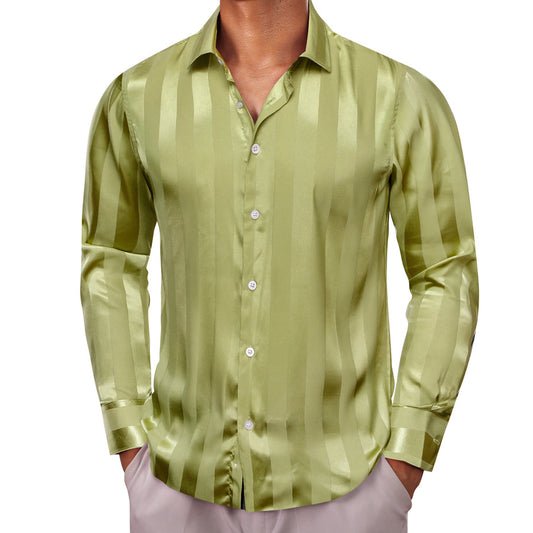 Olive Green Striped Shiny Satin Dress Shirt shirt S   - Sophisticated Gentlemen