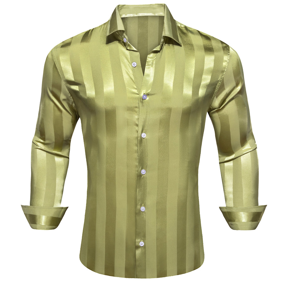 Olive Green Striped Shiny Satin Dress Shirt shirt    - Sophisticated Gentlemen