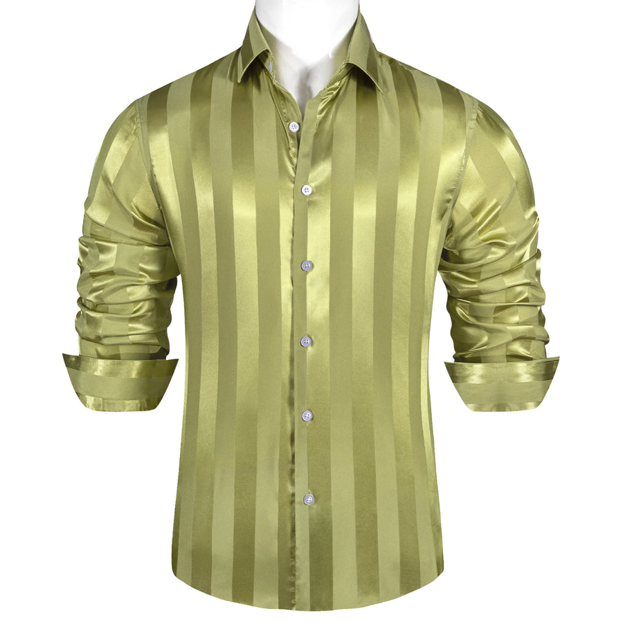 Olive Green Striped Shiny Satin Dress Shirt shirt    - Sophisticated Gentlemen