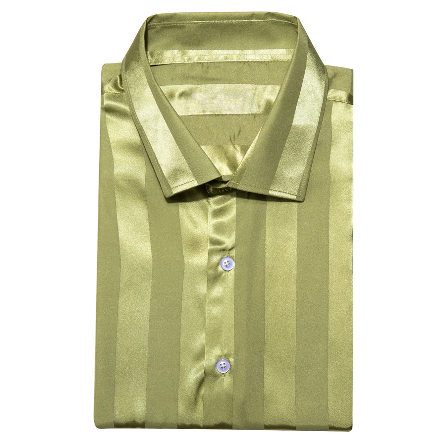 Olive Green Striped Shiny Satin Dress Shirt shirt    - Sophisticated Gentlemen