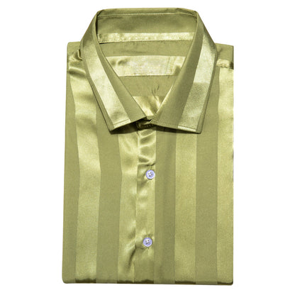 Olive Green Striped Shiny Satin Dress Shirt shirt    - Sophisticated Gentlemen