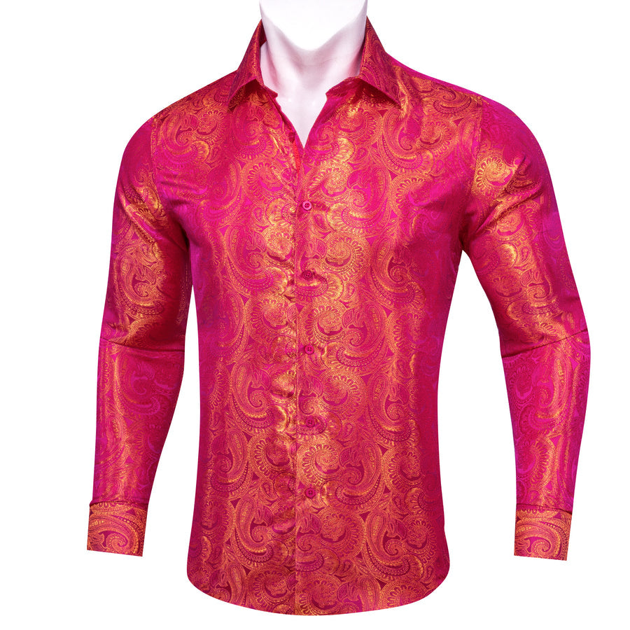 Deep Pink Golden Paisley Silk Dress Shirt shirt    - Sophisticated Gentlemen