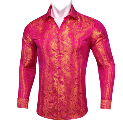 Deep Pink Golden Paisley Silk Dress Shirt shirt    - Sophisticated Gentlemen