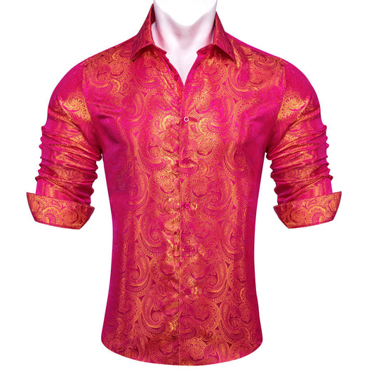 Deep Pink Golden Paisley Silk Dress Shirt shirt S   - Sophisticated Gentlemen