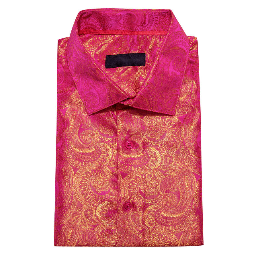 Deep Pink Golden Paisley Silk Dress Shirt shirt    - Sophisticated Gentlemen