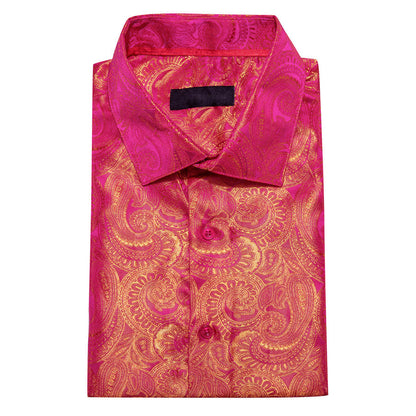 Deep Pink Golden Paisley Silk Dress Shirt shirt    - Sophisticated Gentlemen