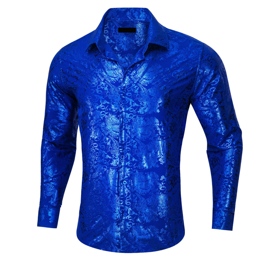 Cobalt Blue Bronzing Floral Silk Dress Shirt shirt    - Sophisticated Gentlemen