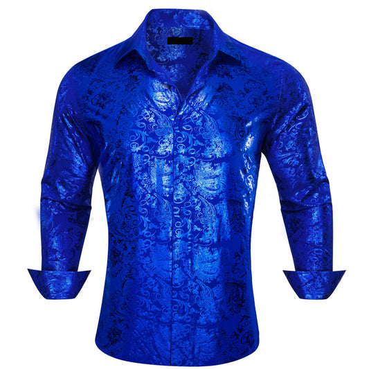 Cobalt Blue Bronzing Floral Silk Dress Shirt shirt S   - Sophisticated Gentlemen