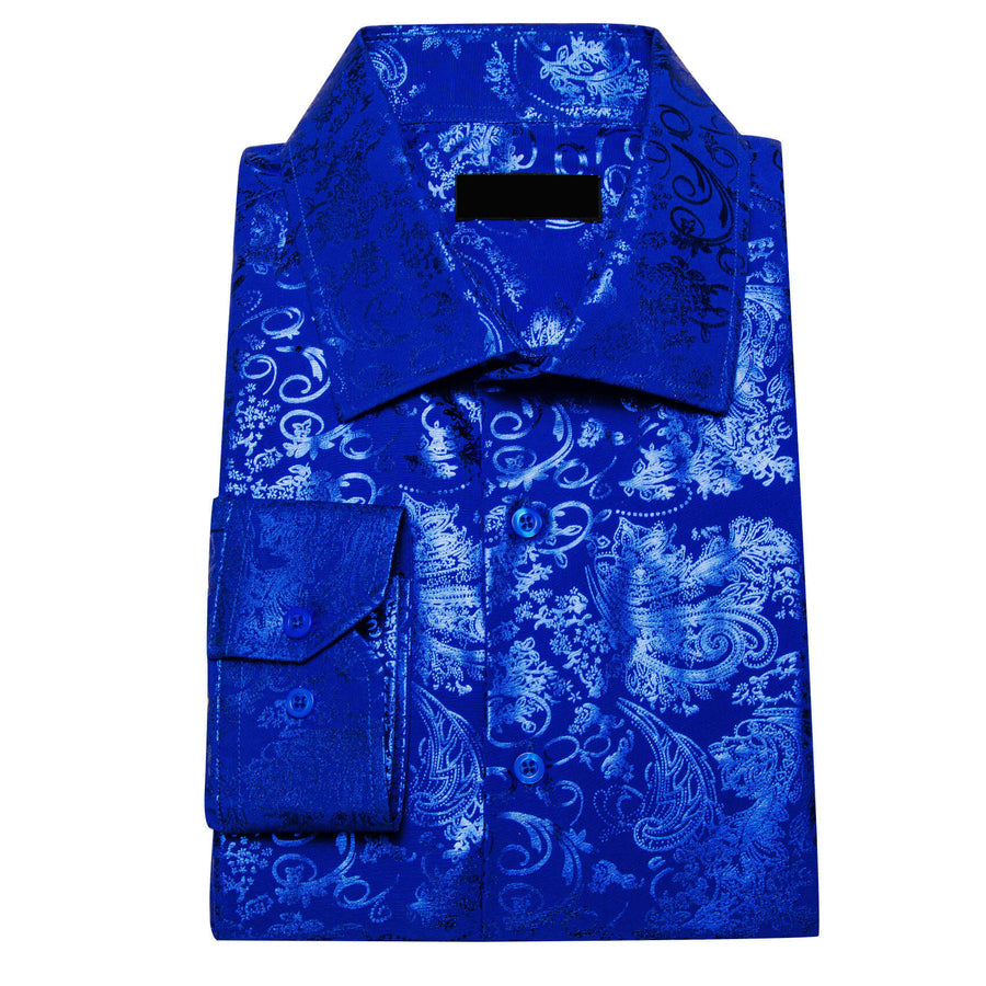 Cobalt Blue Bronzing Floral Silk Dress Shirt shirt    - Sophisticated Gentlemen